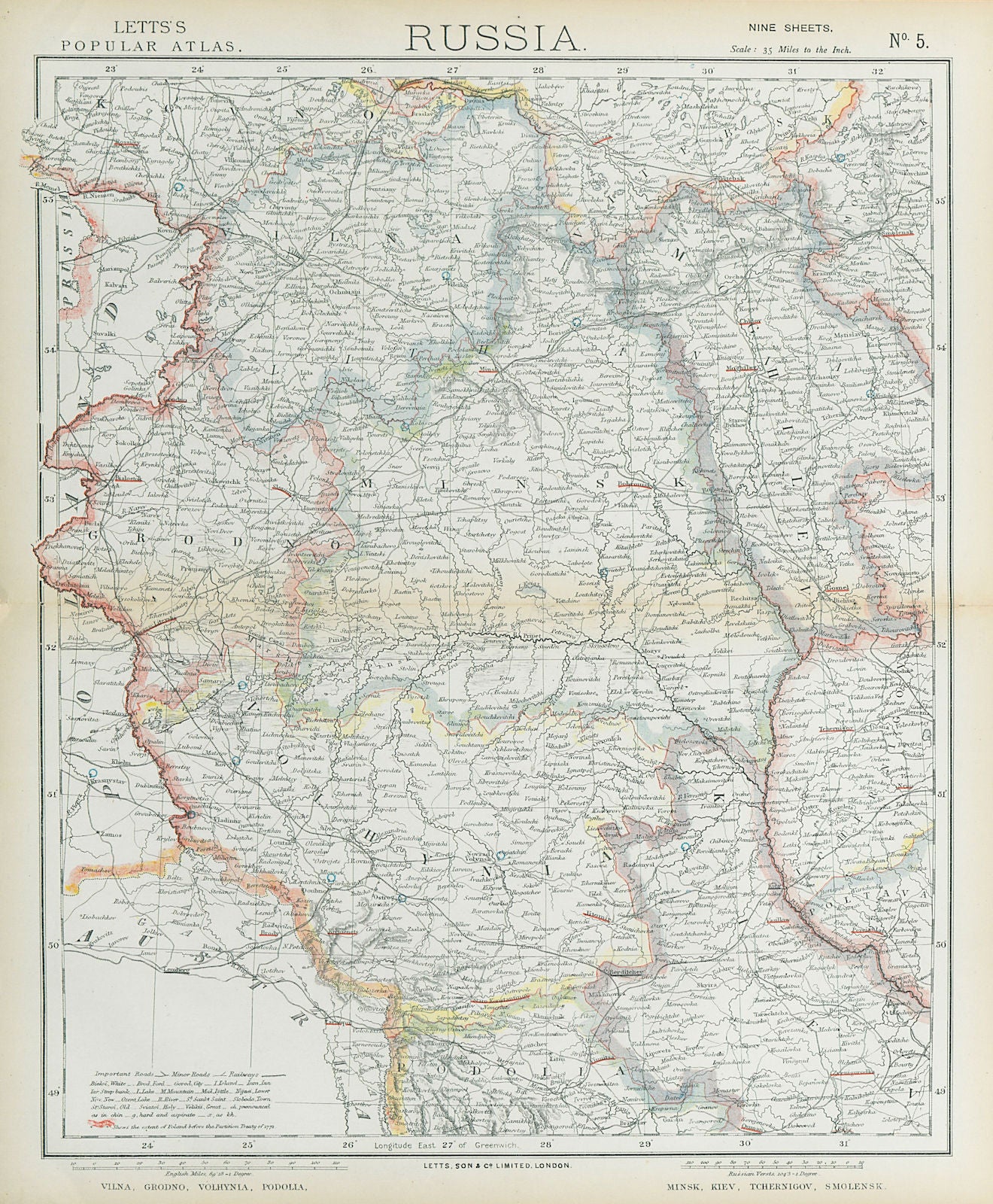 EAST EUROPE Vilnius Belarus Lithuania Grodno Podolia Minsk Kiev LETTS 1883 map
